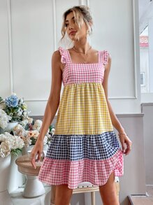 Breezaya 拼色格子印花荷叶边下摆连衣裙 度假海滩装 女款 - 彩色 - 查看 6