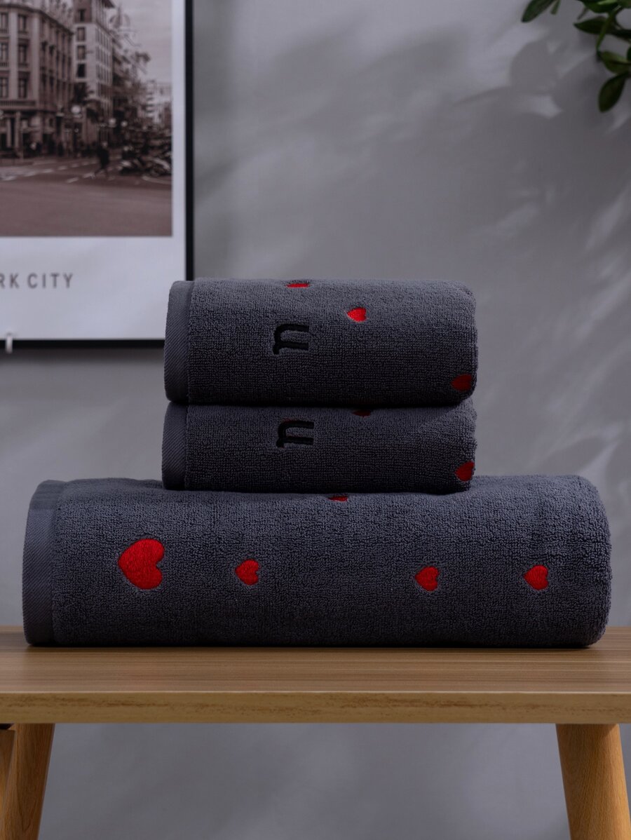 QIBHI 1 pieza Toalla de baño con bordado de corazón o 1 pieza Toalla de mano, toalla suave y cómoda para el baño, decoración del hogar, vuelta al colegio, para salón de belleza, baño del hogar - Gris Oscuro - Ver 1