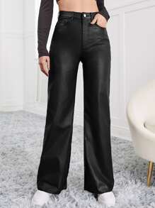 Women's Fashionable Casual Solid Color Straight Pants - Black - View 1