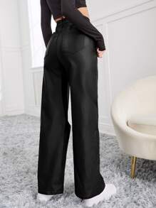 Women's Fashionable Casual Solid Color Straight Pants - Black - View 2