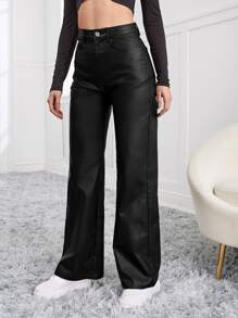 Women's Fashionable Casual Solid Color Straight Pants - Black - View 3
