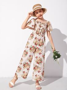 SHEIN Áo liền quần Gái viền lá sen Dải chun Hoa Boho - Nhiều màu - Xem 1