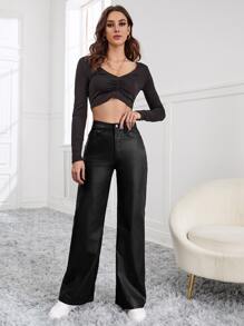 Women's Fashionable Casual Solid Color Straight Pants - Black - View 4