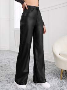 Women's Fashionable Casual Solid Color Straight Pants - Black - View 5
