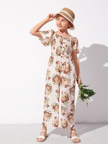SHEIN Áo liền quần Gái viền lá sen Dải chun Hoa Boho - Nhiều màu - Xem 3
