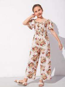 SHEIN Áo liền quần Gái viền lá sen Dải chun Hoa Boho - Nhiều màu - Xem 4