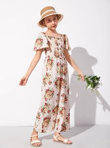 SHEIN Áo liền quần Gái viền lá sen Dải chun Hoa Boho - Nhiều màu - Xem 5