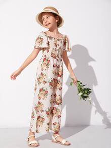 SHEIN Áo liền quần Gái viền lá sen Dải chun Hoa Boho - Nhiều màu - Xem 6