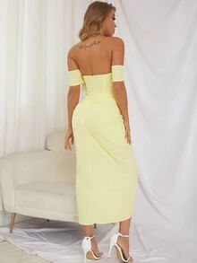 D&M Off The Shoulder Ruched Split Thigh Dress - Yellow - View 2