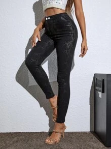 Quần nữ Nút Túi Dây kéo Snakeskin In Hấp dẫn - màu đen - Xem 1