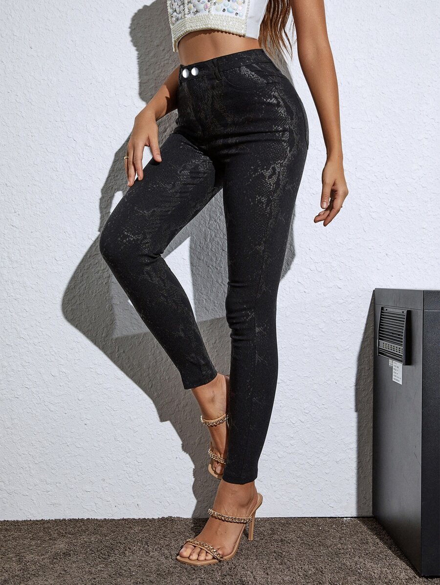 Quần nữ Nút Túi Dây kéo Snakeskin In Hấp dẫn - màu đen - Xem 1
