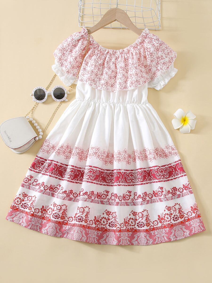 Niñas Vestido con estampado floral ribete con fruncido - Rojo y blanco - Ver 1