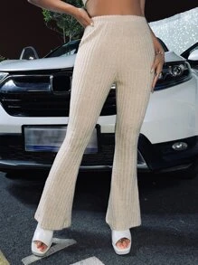 SHEIN PETITE High Waist Flare Leg Trousers - Apricot - View 1