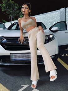 SHEIN PETITE High Waist Flare Leg Trousers - Apricot - View 5