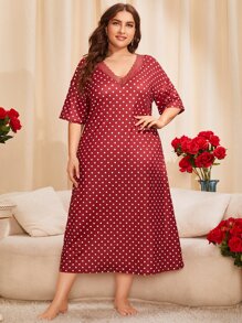 Plus Polka Dot Print Lace Trim Drop Shoulder Night Dress - Red - View 1