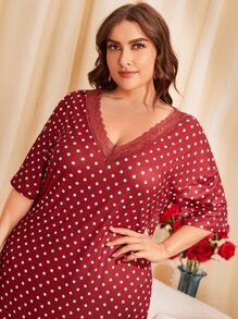 Plus Polka Dot Print Lace Trim Drop Shoulder Night Dress - Red - View 3