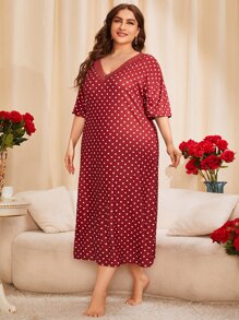 Plus Polka Dot Print Lace Trim Drop Shoulder Night Dress - Red - View 4