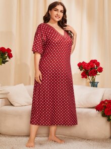 Plus Polka Dot Print Lace Trim Drop Shoulder Night Dress - Red - View 5