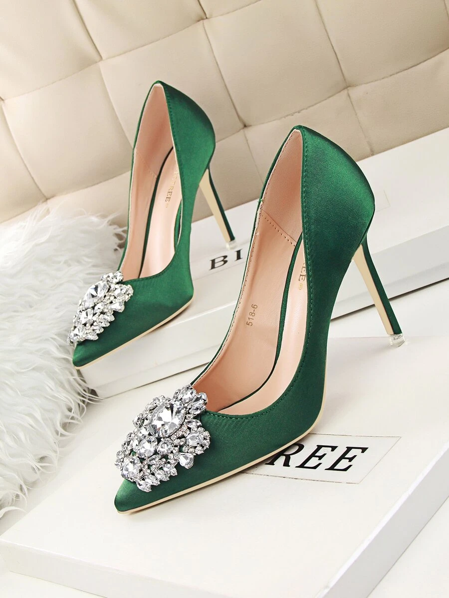 Giày cao gót đính đá Rhinestone Decor Stiletto Court, Giày nữ đính đá Rhinestone có gót mỏng, Gợi cảm và thon gọn, Giày mũi thấp nhọn đính đá Rhinestone sáng bóng - màu xanh lá - Xem 1
