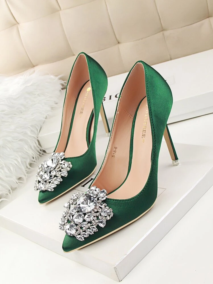 Tacones de aguja con decoración de rhinestones, zapatos de mujer con tacones delgados, sexy y estilizados, con punta afilada, de escote bajo y hebilla brillante con rhinestones - Verde - Añade 2