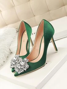 Giày cao gót đính đá Rhinestone Decor Stiletto Court, Giày nữ đính đá Rhinestone có gót mỏng, Gợi cảm và thon gọn, Giày mũi thấp nhọn đính đá Rhinestone sáng bóng - màu xanh lá - Xem 3