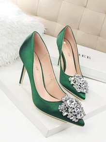 Giày cao gót đính đá Rhinestone Decor Stiletto Court, Giày nữ đính đá Rhinestone có gót mỏng, Gợi cảm và thon gọn, Giày mũi thấp nhọn đính đá Rhinestone sáng bóng - màu xanh lá - Xem 4
