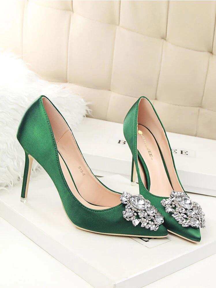 Tacones de aguja con decoración de rhinestones, zapatos de mujer con tacones delgados, sexy y estilizados, con punta afilada, de escote bajo y hebilla brillante con rhinestones - Verde - Añade 6