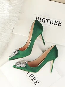 Giày cao gót đính đá Rhinestone Decor Stiletto Court, Giày nữ đính đá Rhinestone có gót mỏng, Gợi cảm và thon gọn, Giày mũi thấp nhọn đính đá Rhinestone sáng bóng - màu xanh lá - Xem 7