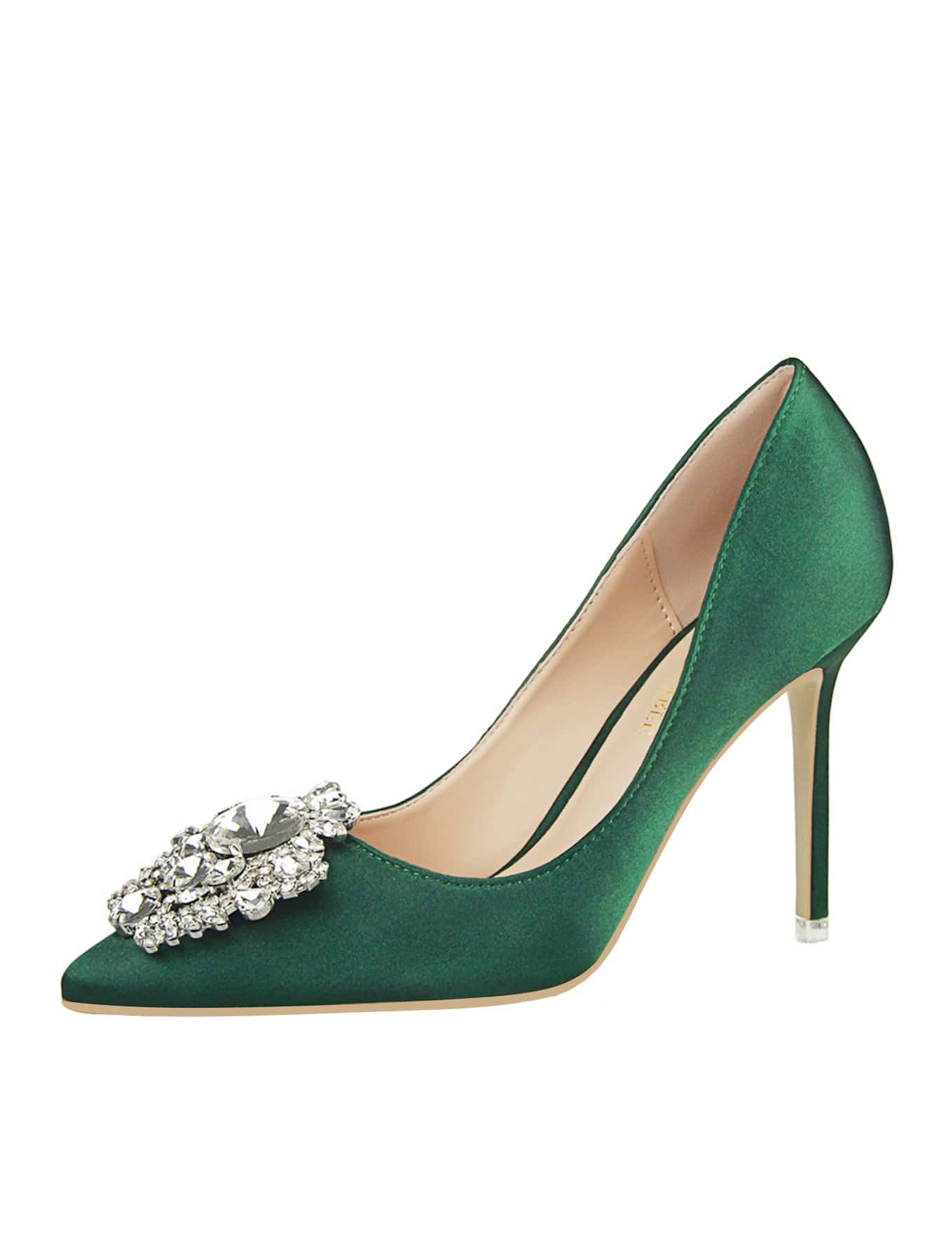 Tacones de aguja con decoración de rhinestones, zapatos de mujer con tacones delgados, sexy y estilizados, con punta afilada, de escote bajo y hebilla brillante con rhinestones - Verde - Añade 8