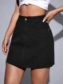 Falda en mezclilla con estampado de fuego línea A - Negro - Ver 4