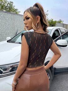 Graphic Print Shoulder Pads Crop Mesh Top - Black - View 2