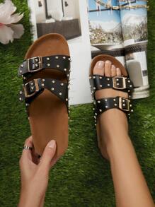 Faux Leather Stud Detailed Footbed Sandals - Black - View 3