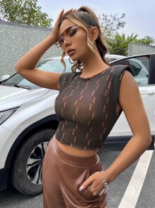 Graphic Print Shoulder Pads Crop Mesh Top - Black - View 5