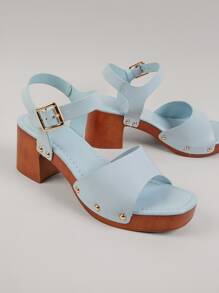 Fashionable Ankle Strap Sandals For Women, Studded Decor Chunky Heeled Sandals - Baby Blue - View 2