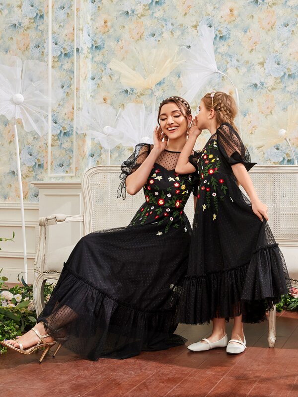 Modelyn 1 PC Floral Embroidery Mesh Yoke & Sleeve Dress