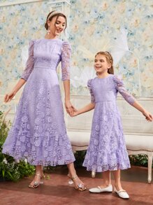 Modelyn 1 pieza Vestido con encaje floral con bordado bajo con fruncido - Lila Púrpura - Ver 2