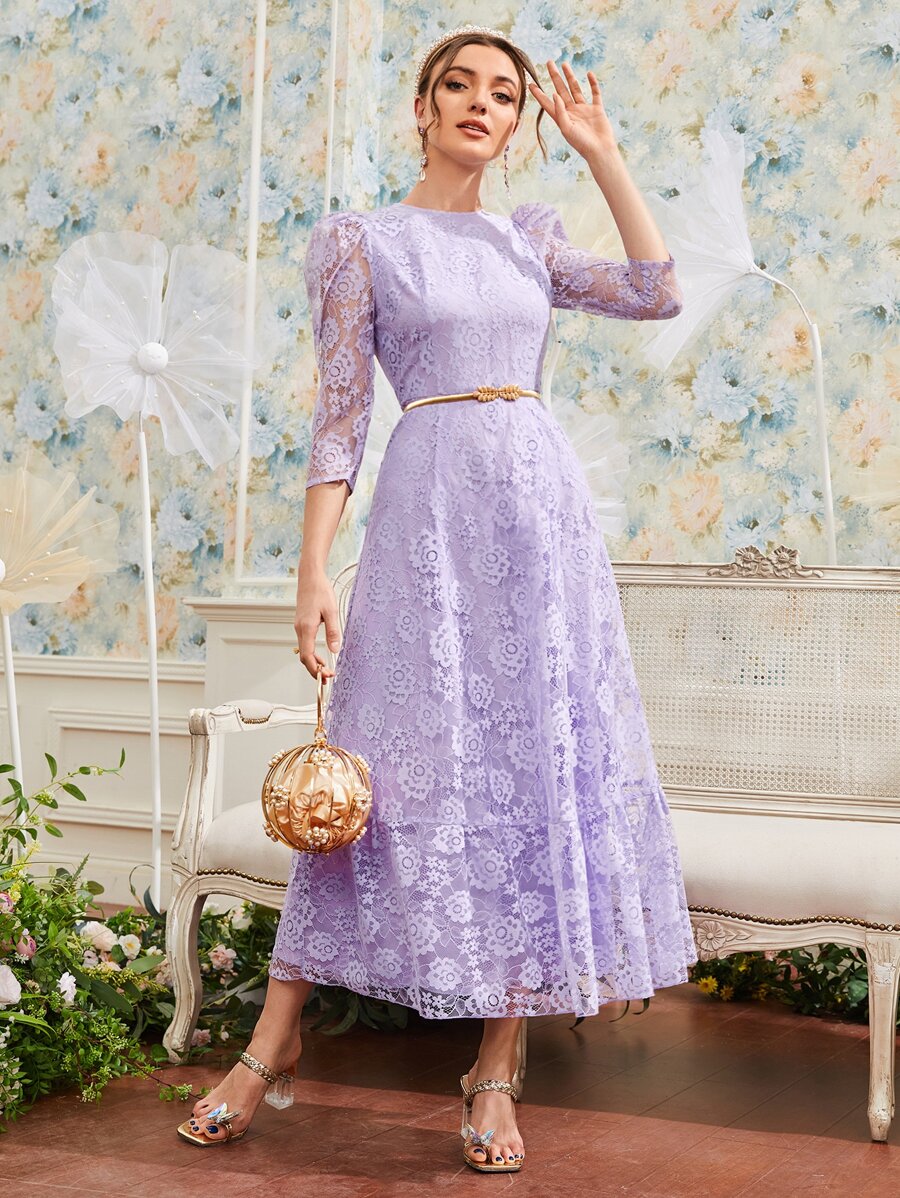 Modelyn 1 pieza Vestido con encaje floral con bordado bajo con fruncido - Lila Púrpura - Ver 1