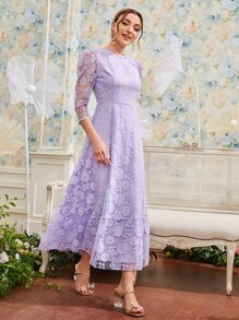 Modelyn 1 pieza Vestido con encaje floral con bordado bajo con fruncido - Lila Púrpura - Ver 4