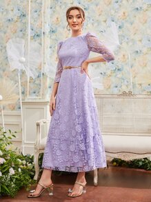 Modelyn 1 pieza Vestido con encaje floral con bordado bajo con fruncido - Lila Púrpura - Ver 6