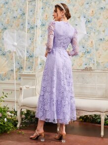 Modelyn 1 pieza Vestido con encaje floral con bordado bajo con fruncido - Lila Púrpura - Ver 7