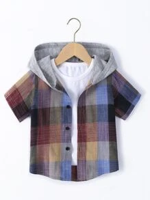 小男童格紋印花連帽襯衫不帶T恤 - 彩色 - 查看 1