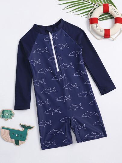 男童卡通鯊魚拉鍊前開一件式泳衣