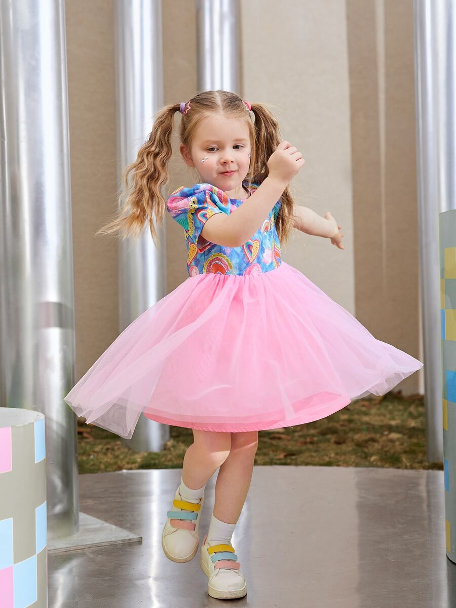 SHEIN 小女童心和紮染泡泡袖網紗拼接洋裝