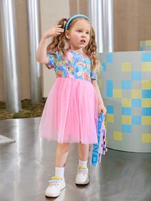 SHEIN 小女童心和紮染泡泡袖網紗拼接洋裝