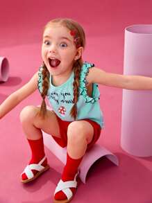 Queen Aubergine 小女童褶邊標語圖案T恤