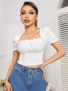 SHEIN PETITE Square Neck Eyelet Embroidery Lettuce Trim Crop Tee - White - View 1
