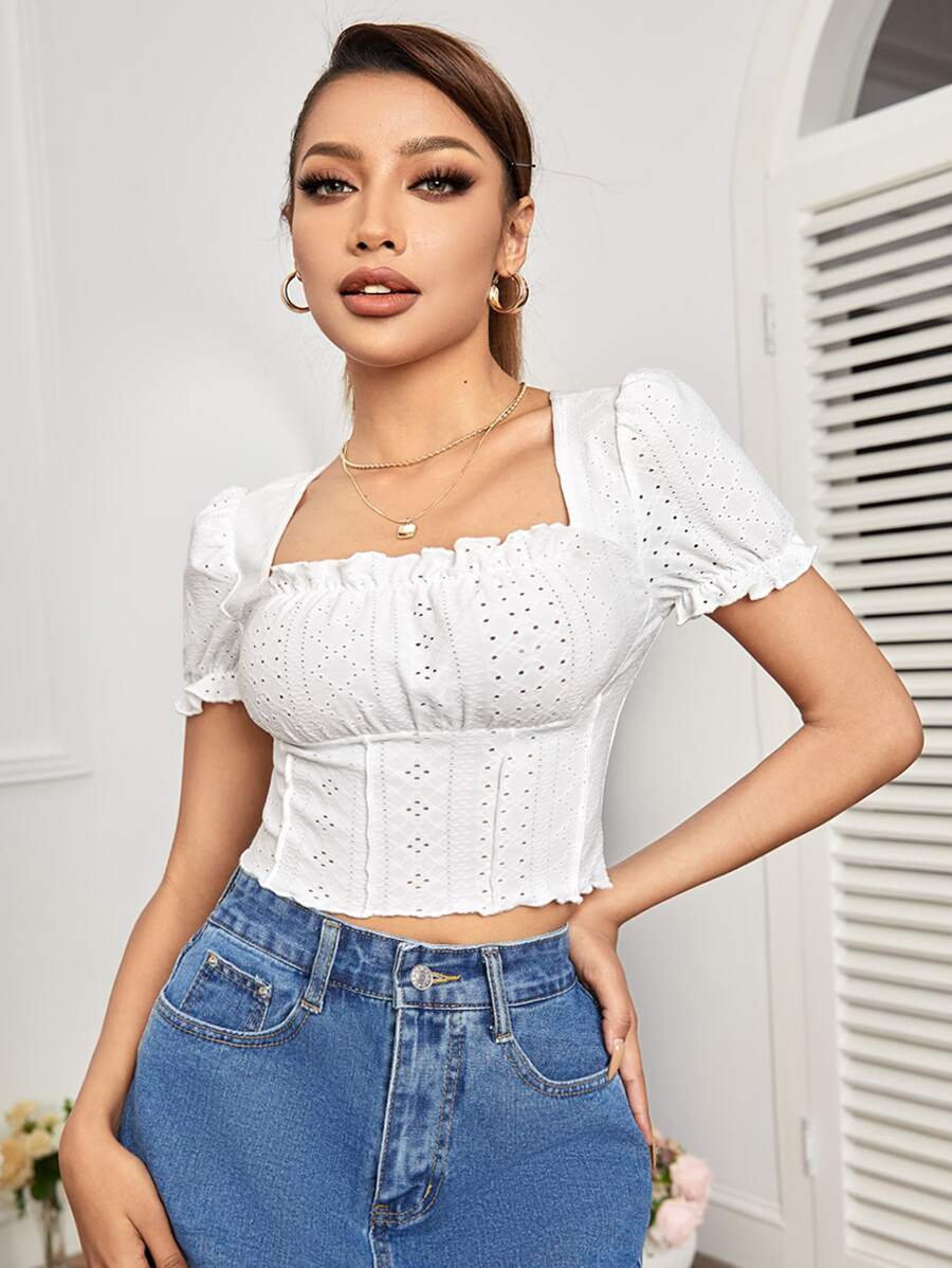 SHEIN PETITE Square Neck Eyelet Embroidery Lettuce Trim Crop Tee - White - View 1