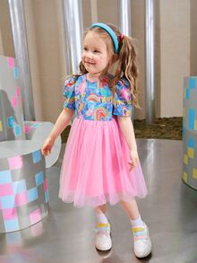 SHEIN 小女童心和紮染泡泡袖網紗拼接洋裝