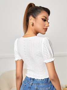 SHEIN PETITE Square Neck Eyelet Embroidery Lettuce Trim Crop Tee - White - View 2