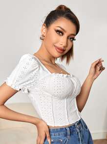 SHEIN PETITE Square Neck Eyelet Embroidery Lettuce Trim Crop Tee - White - View 3
